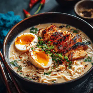 Fiery Chicken Ramen with Creamy Garlic Sauce