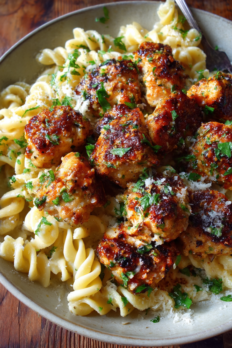 Garlic Butter Chicken Bites with Creamy Parmesan Pasta