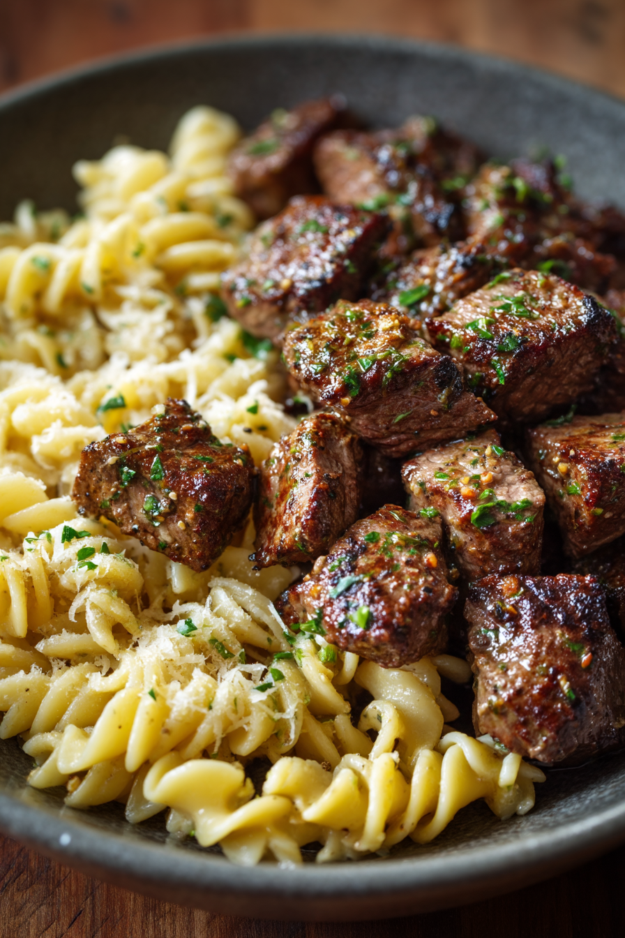 Garlic Butter Steak Bites with Creamy Parmesan Pasta