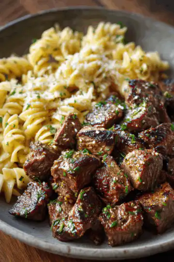 Garlic Butter Steak Bites with Creamy Parmesan Pasta