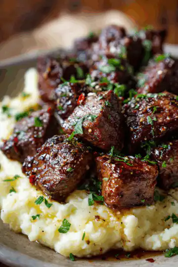 Garlic Butter Steak Bites with Mashed Potatoes