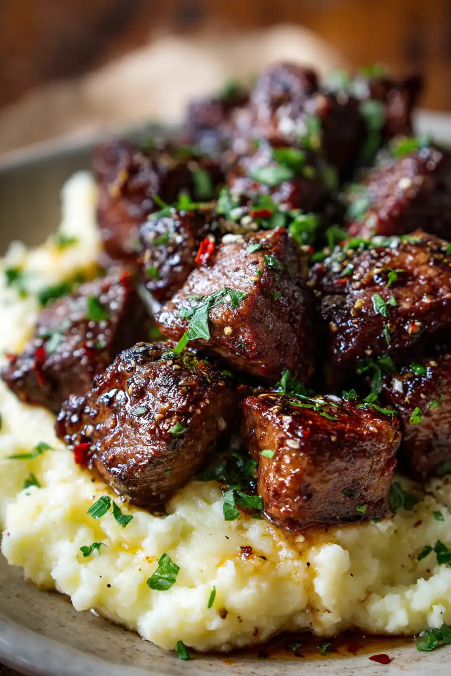 Garlic Butter Steak Bites with Mashed Potatoes 
