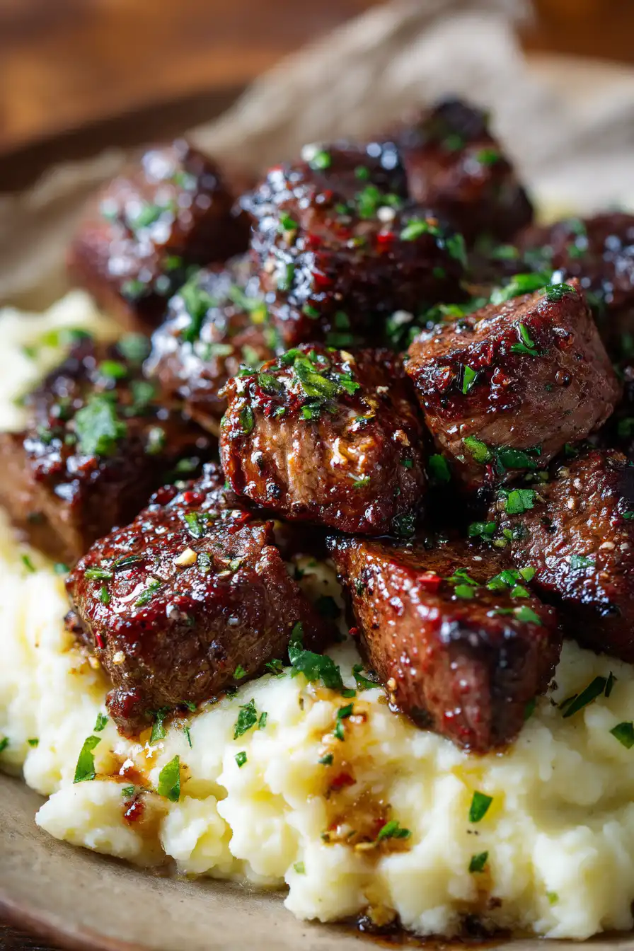 Garlic Butter Steak Bites with Mashed Potatoes 