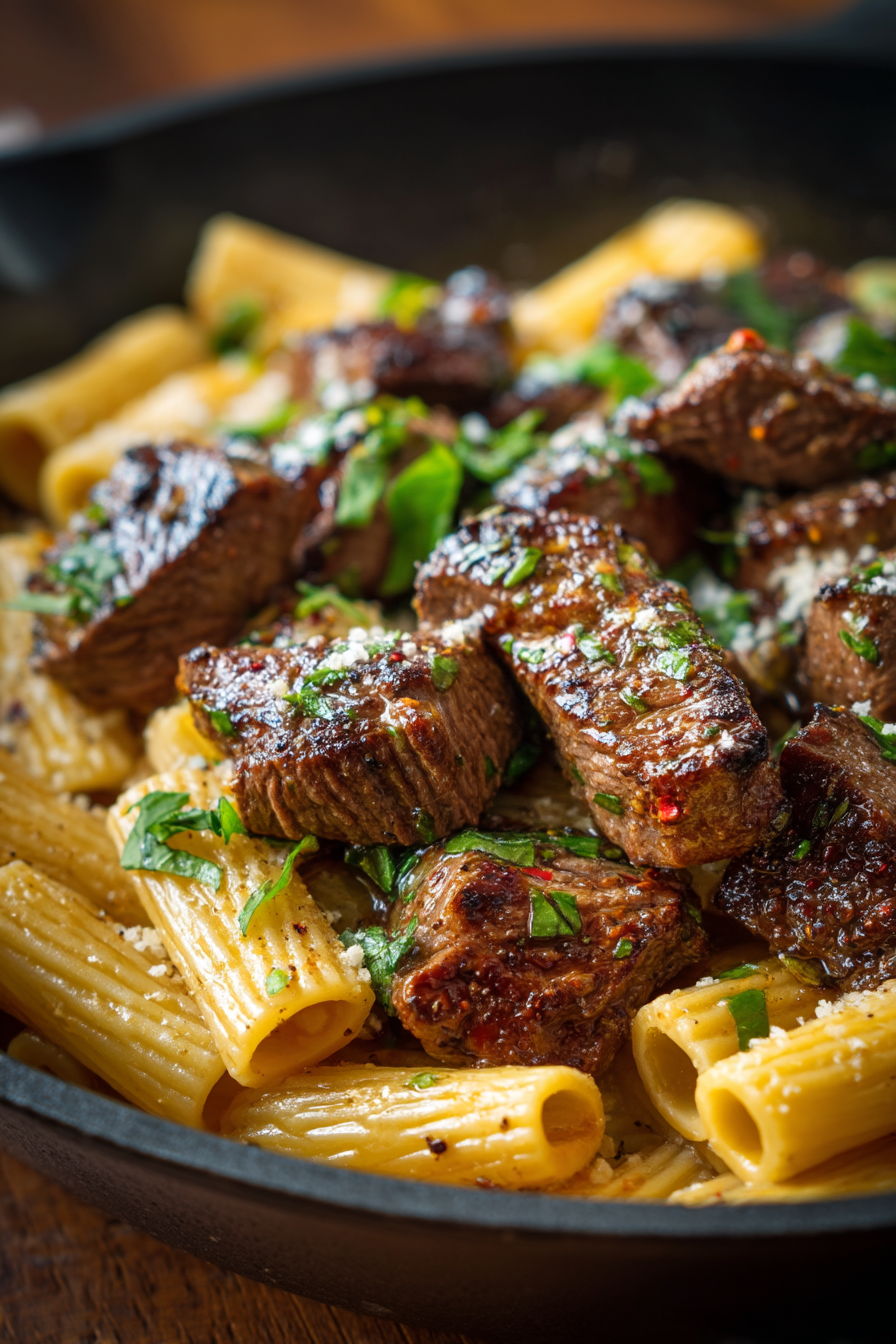 Garlic Butter Steak Tips with Cheesy Rigatoni