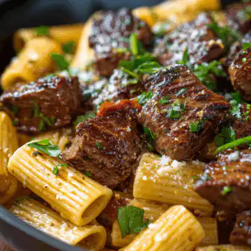 Garlic Butter Steak Tips with Cheesy Rigatoni