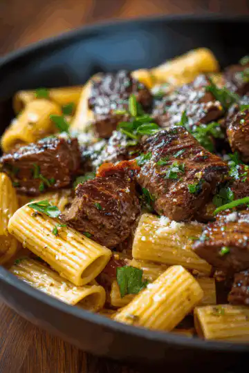 Garlic Butter Steak Tips with Cheesy Rigatoni