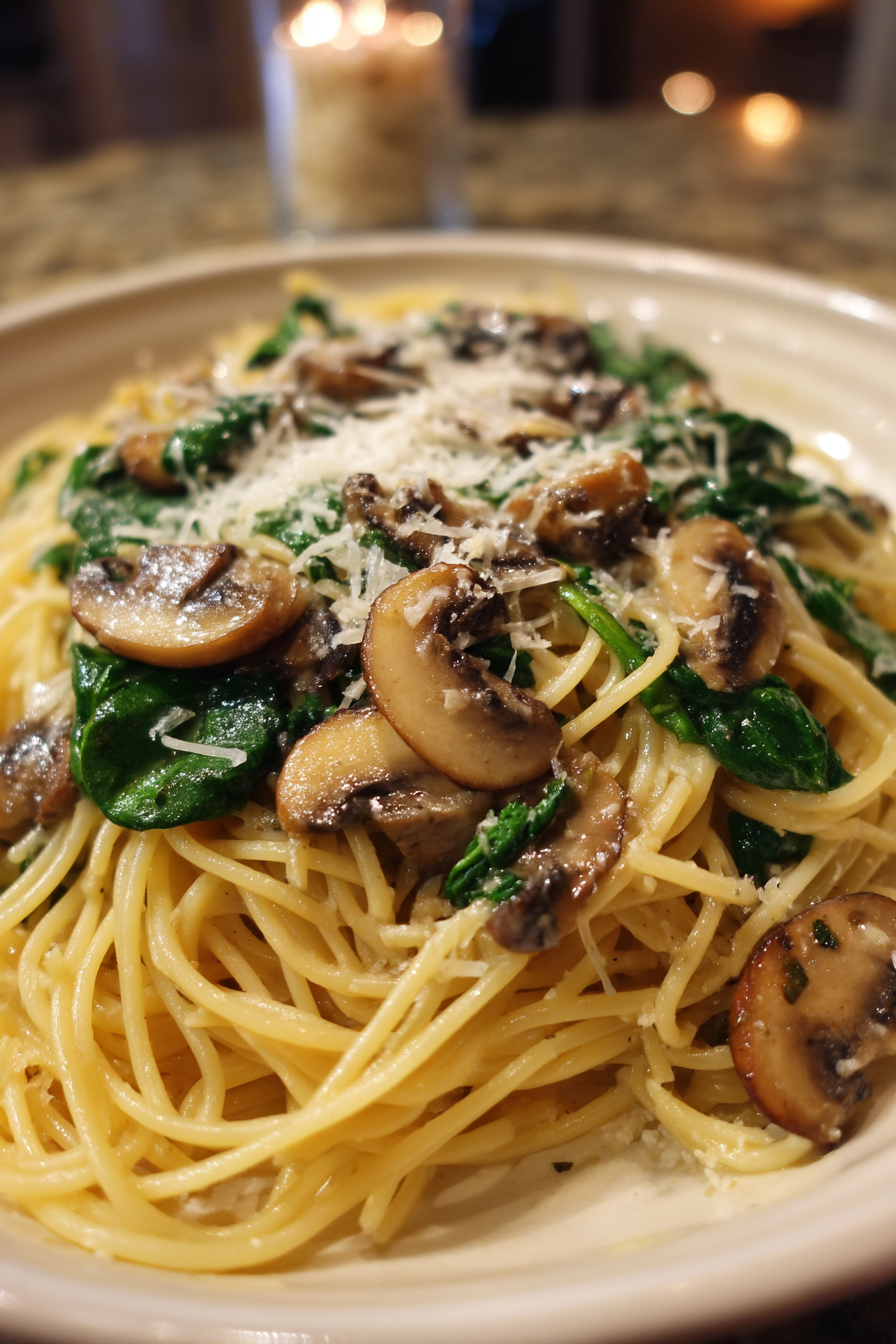 Garlic Parmesan Pasta with Spinach and Mushrooms