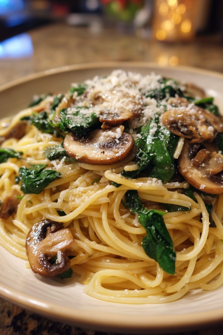 Garlic Parmesan Pasta with Spinach and Mushrooms