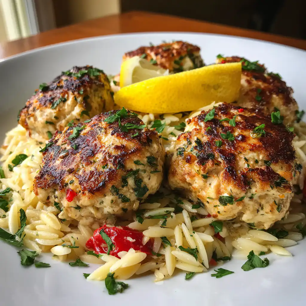 Greek Chicken Meatballs with Lemon Orzo