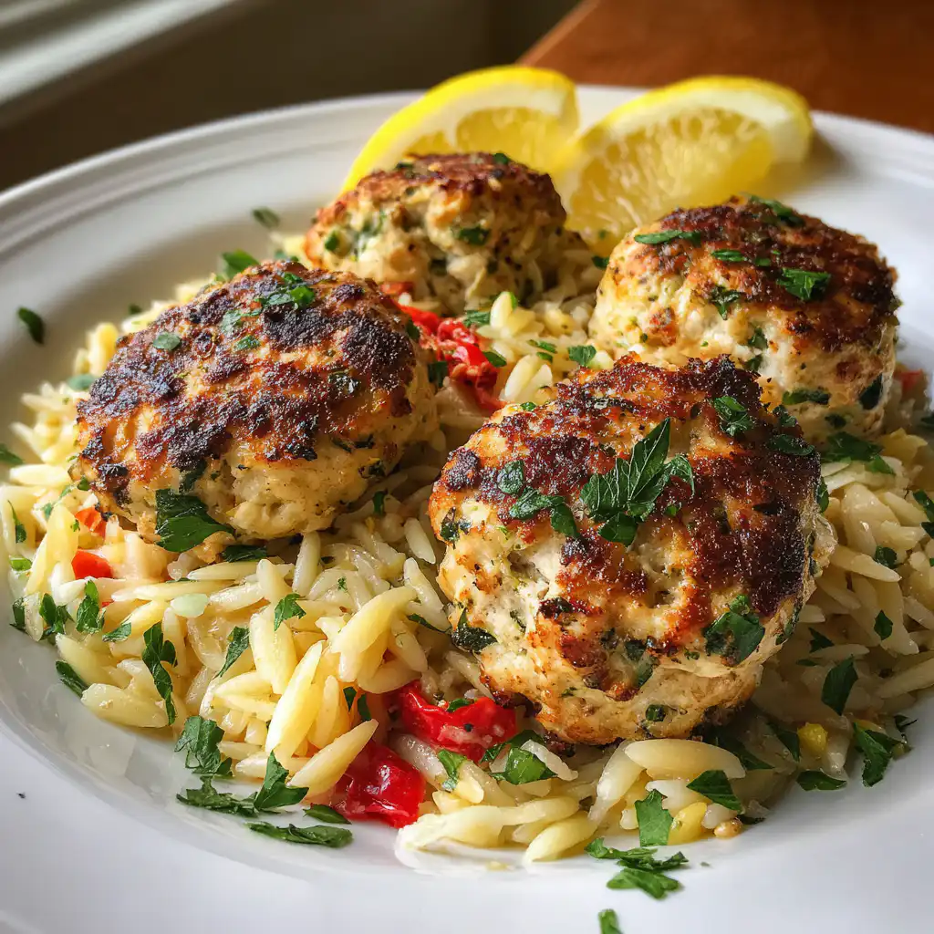 Greek Chicken Meatballs with Lemon Orzo