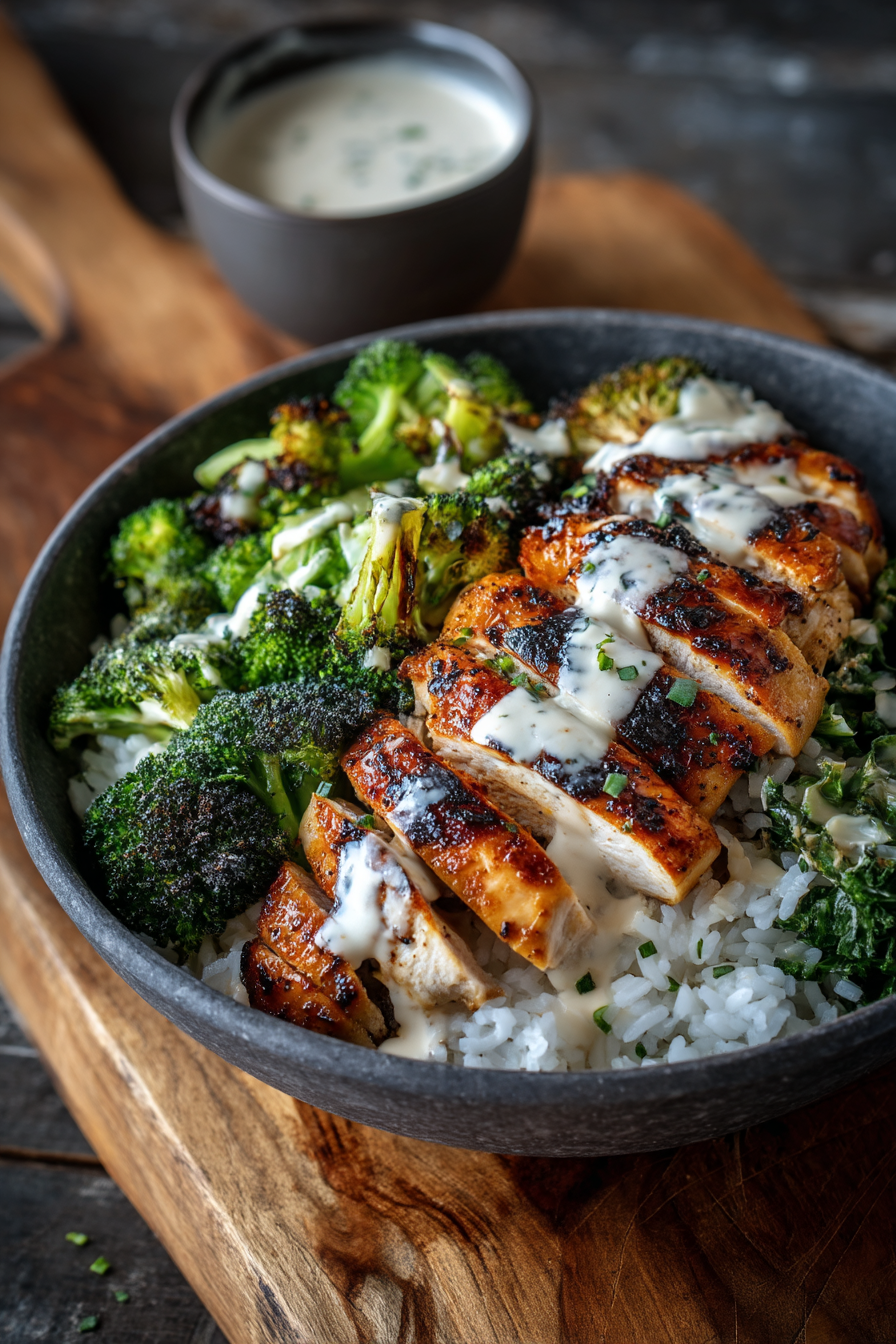 Grilled Chicken & Broccoli Bowls with Creamy Garlic Sauce
