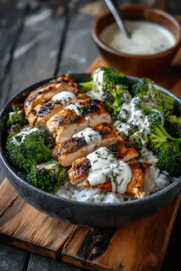 Grilled Chicken & Broccoli Bowls with Creamy Garlic Sauce