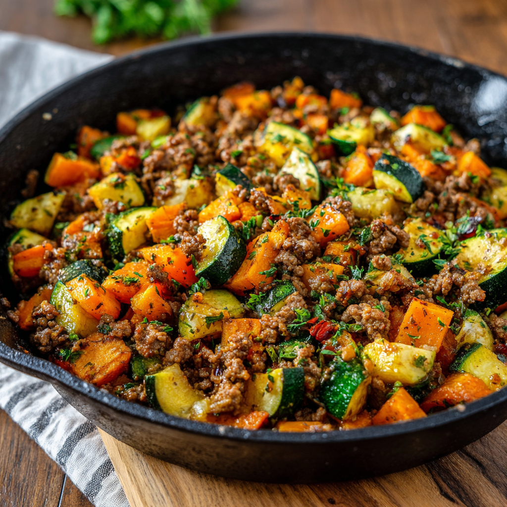 Ground Beef Zucchini Sweet Potato Skillet