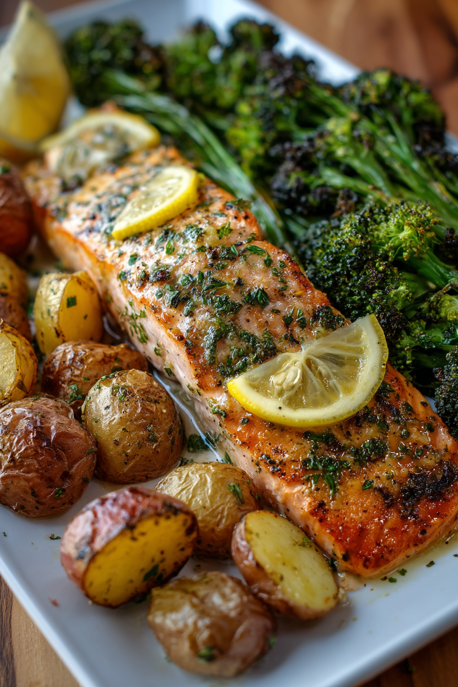 Lemon Butter Salmon with Crispy Potatoes and Roasted Broccoli