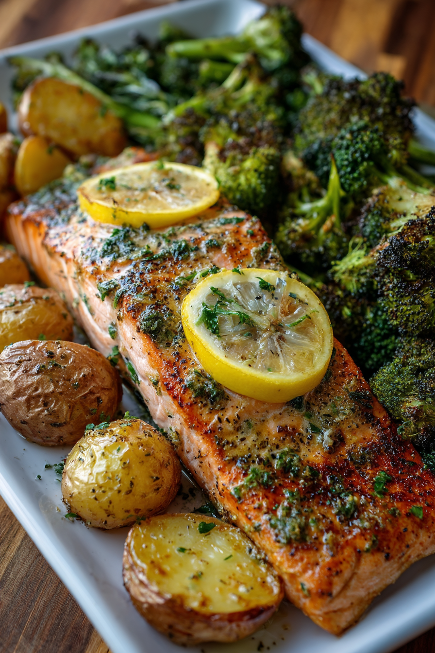 Lemon Butter Salmon with Crispy Potatoes and Roasted Broccoli