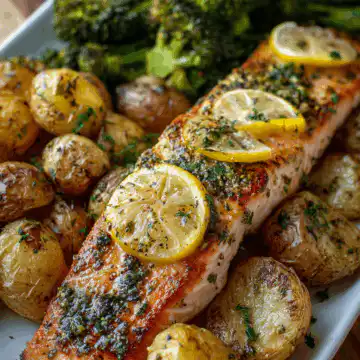 Lemon Butter Salmon with Crispy Potatoes and Roasted Broccoli
