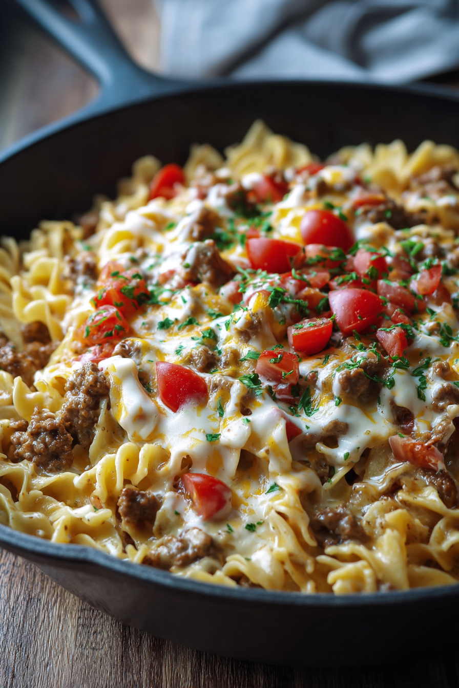 Loaded Cheeseburger Alfredo Pasta