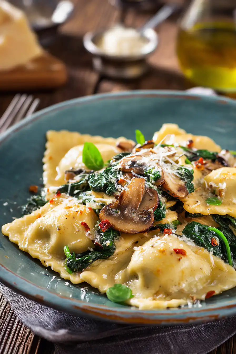 Mushroom Ravioli with Spinach