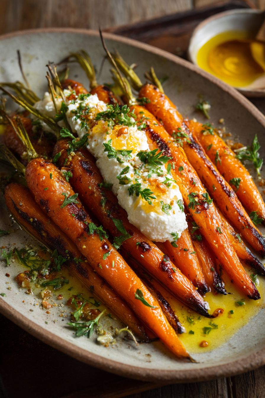 Roasted Carrots with Whipped Ricotta and Hot Honey, Served on Ceramic Platter, Garnish