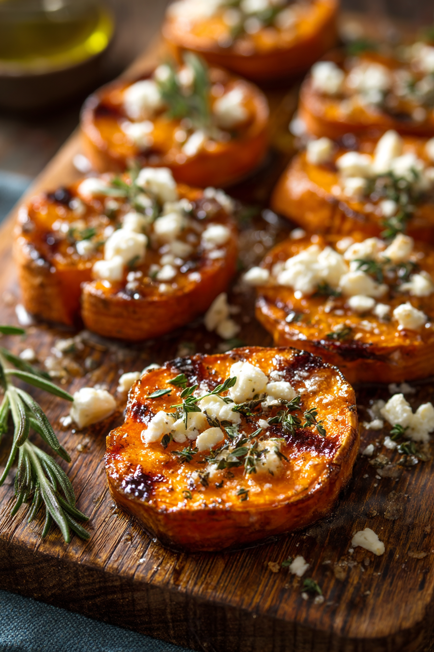 Roasted Sweet Potato Rounds with Honey and Feta