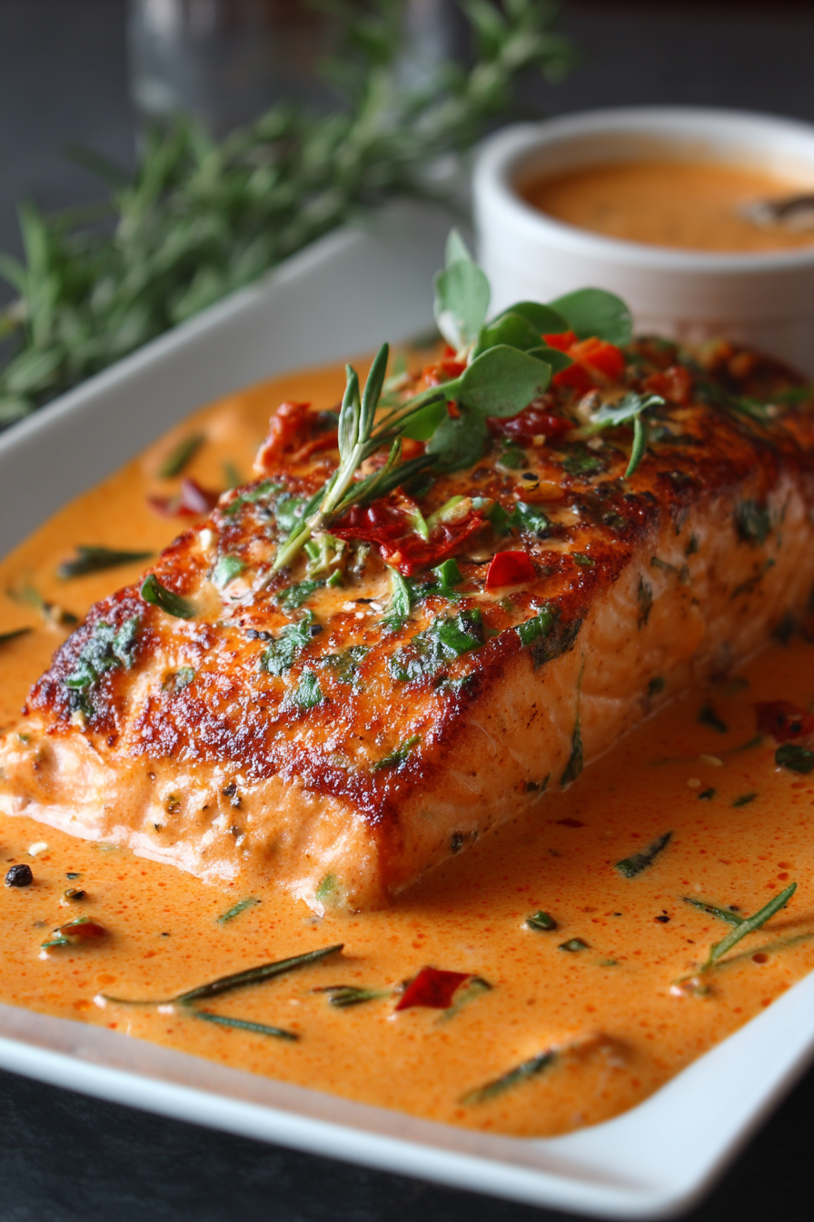 Salmon with Roasted Pepper Cream Sauce