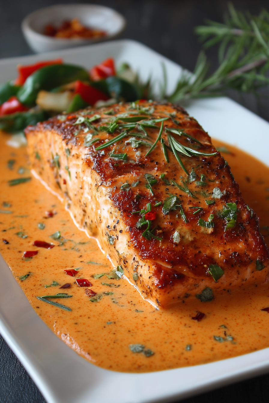 Salmon with Roasted Pepper Cream Sauce