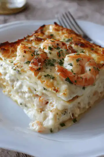 Shrimp Lasagna with White Sauce and Cheese