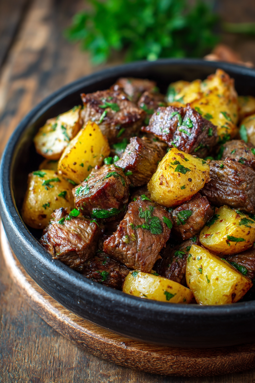 Slow Cooker Garlic Butter Beef Bites & Potatoes