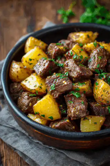 Slow Cooker Garlic Butter Beef Bites & Potatoes