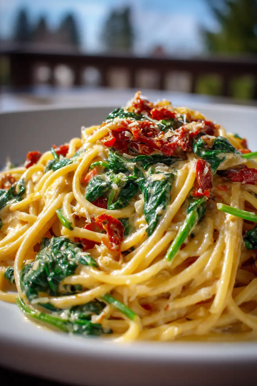 Spaghetti & Spinach with Sun-Dried Tomato Cream Sauce