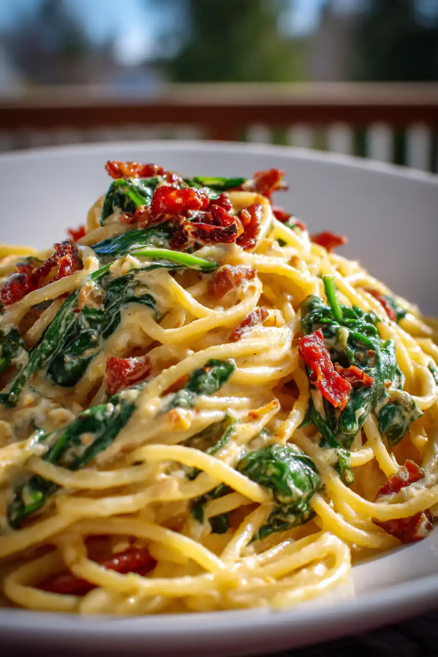 Spaghetti & Spinach with Sun-Dried Tomato Cream Sauce