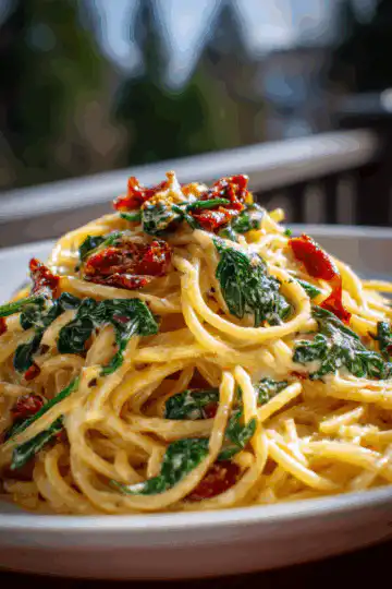 Spaghetti & Spinach with Sun-Dried Tomato Cream Sauce