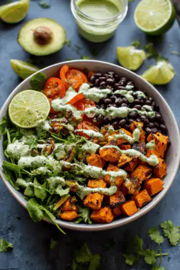 Sweet Potato and Black Bean Bowls with Avocado Lime Dressing