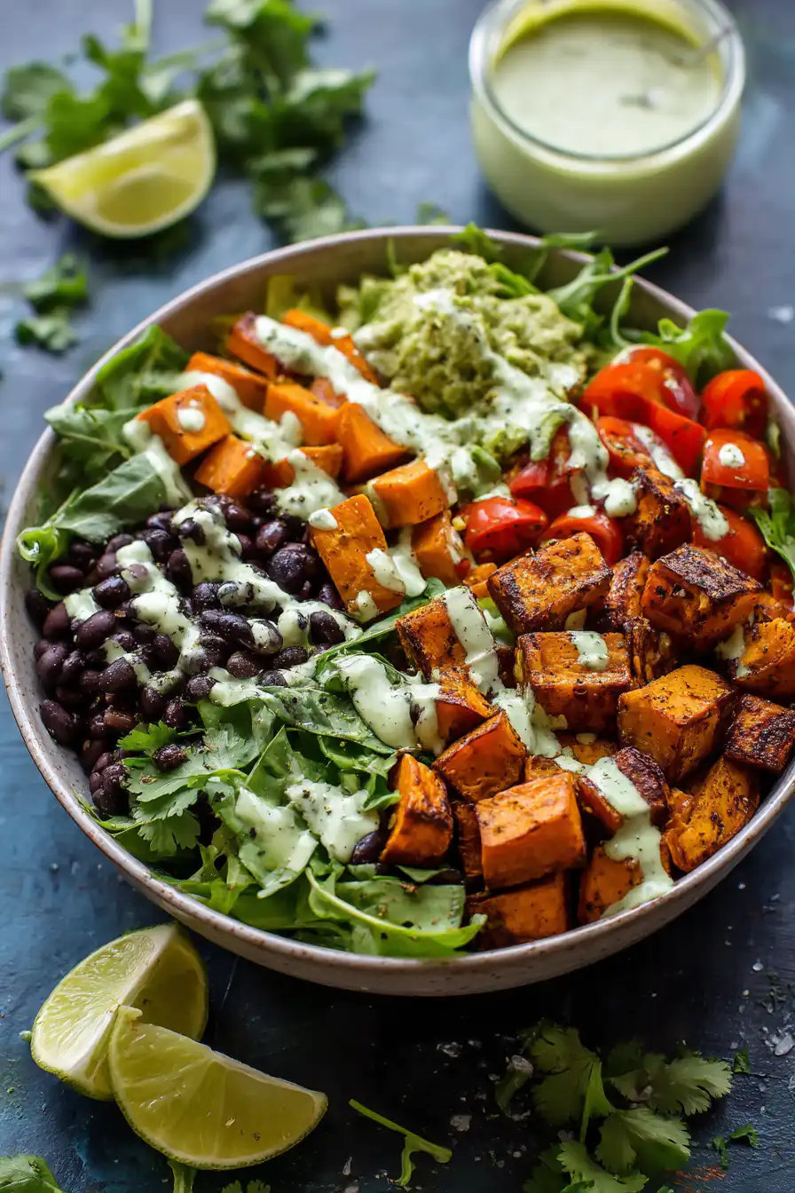 Sweet Potato and Black Bean Bowls with Avocado Lime Dressing