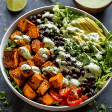 Sweet Potato and Black Bean Bowls with Avocado Lime Dressing