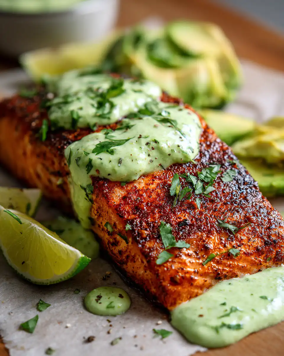 Baked Cajun Salmon with Avocado Lime Sauce