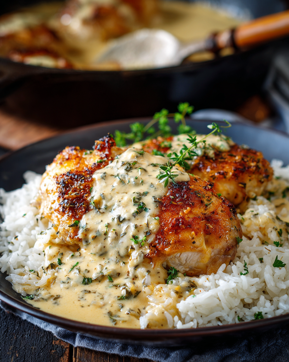 CREAMY SMOTHERED CHICKEN AND RICE