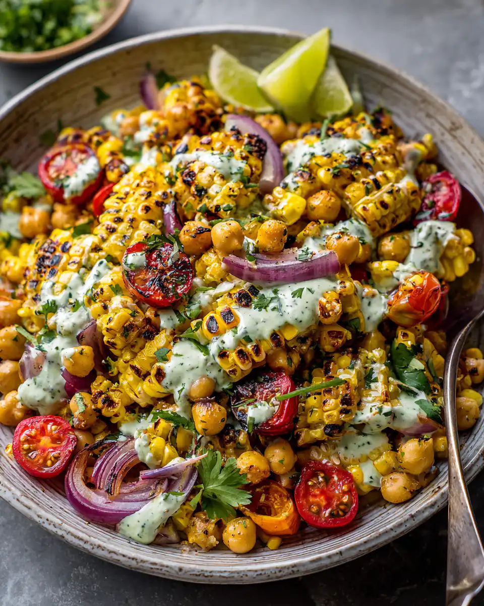 Charred Corn and Chickpea Salad With Lime Crema
