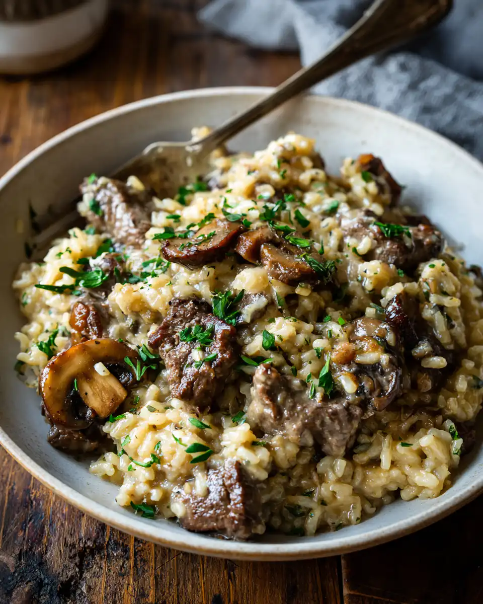 Creamy Beef and Mushroom Rice Bake