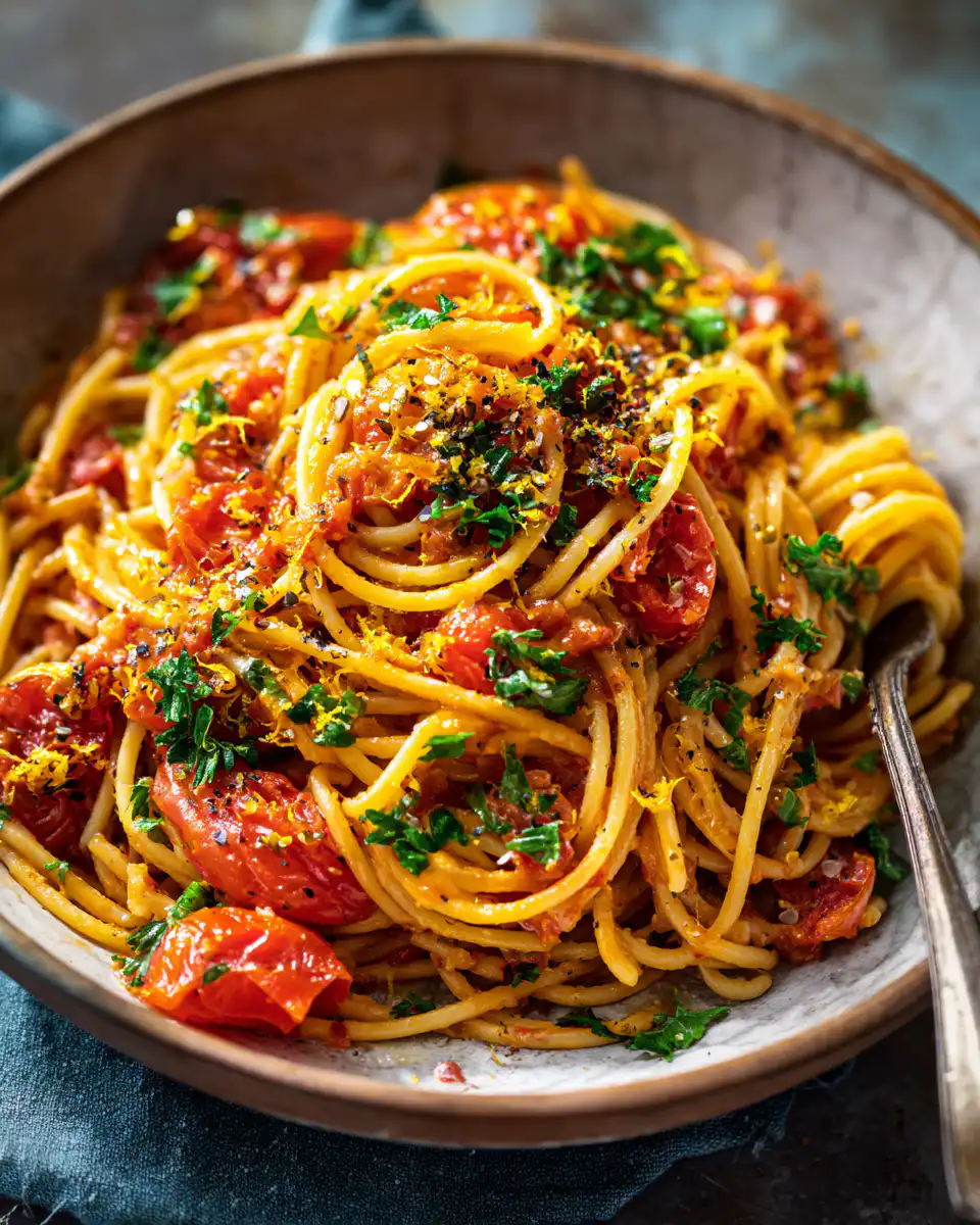 Creamy Tomato Spaghetti with Preserved Lemon