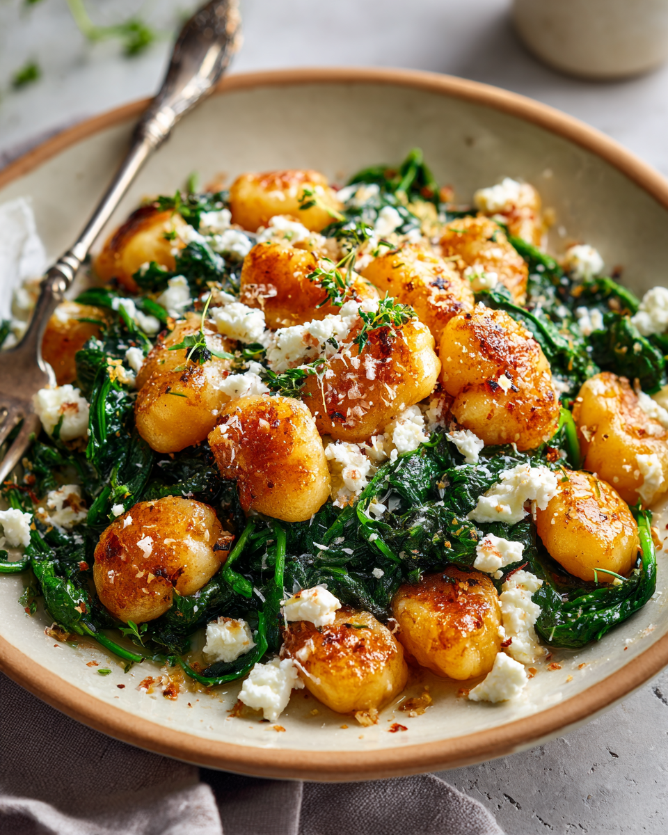 Crispy Gnocchi With Spinach and Feta