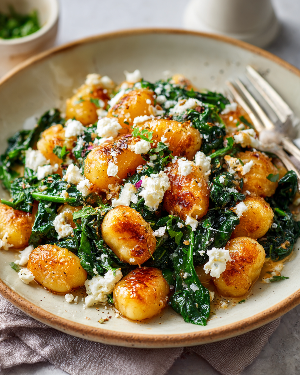 Crispy Gnocchi With Spinach and Feta