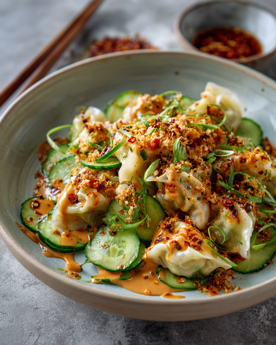 Dumpling and Smashed Cucumber Salad With Peanut Sauce