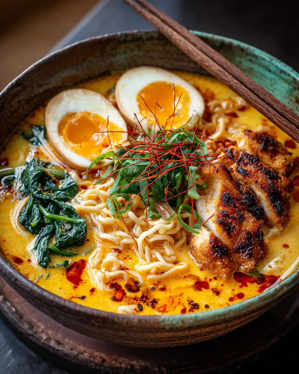 Fiery Chicken Ramen with Creamy Garlic Sauce