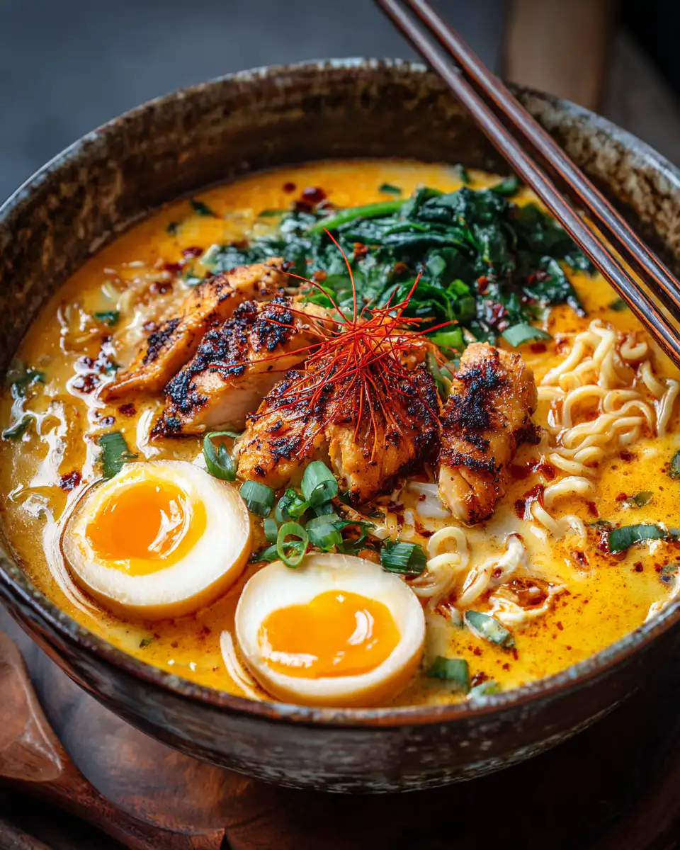 Fiery Chicken Ramen with Creamy Garlic Sauce