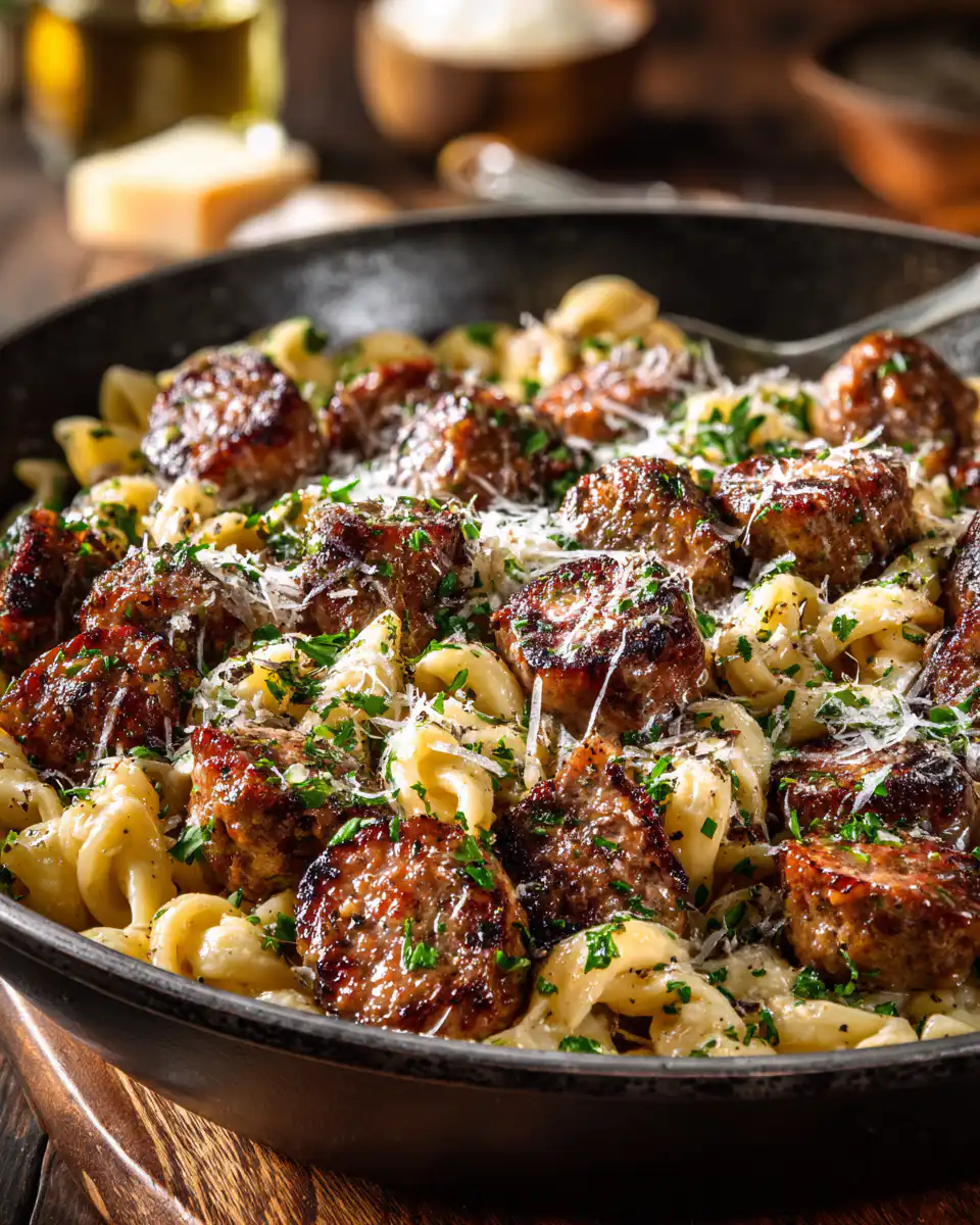 Garlic Butter Beef Sausage Bites with Creamy Parmesan Pasta