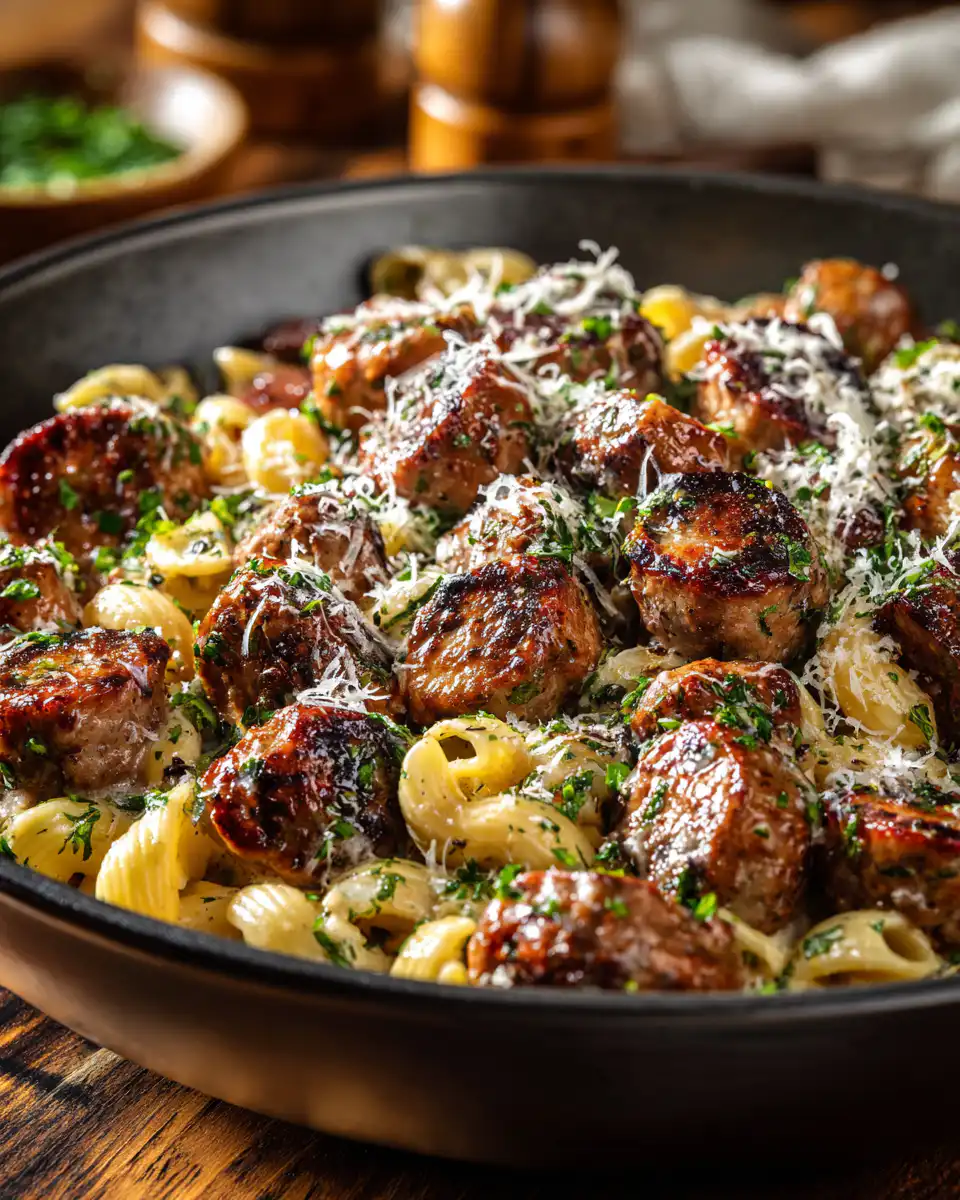 Garlic Butter Beef Sausage Bites with Creamy Parmesan Pasta