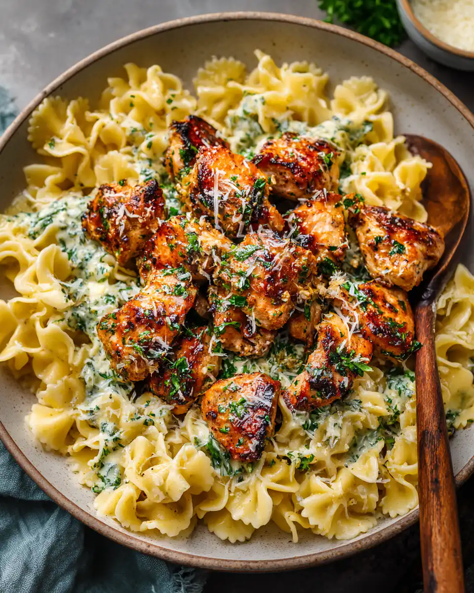 Garlic Butter Chicken Bites with Savory Creamy Parmesan Pasta