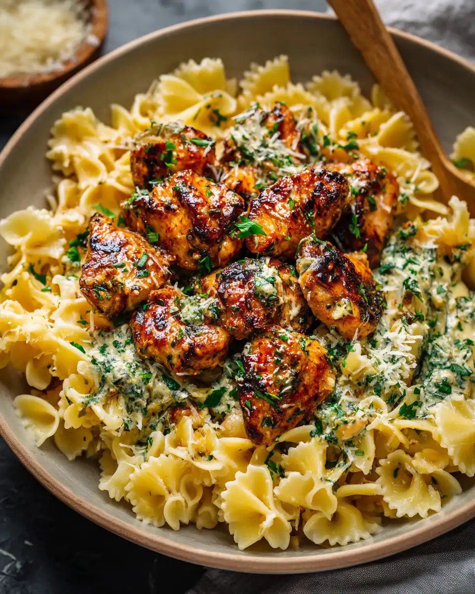Garlic Butter Chicken Bites with Savory Creamy Parmesan Pasta