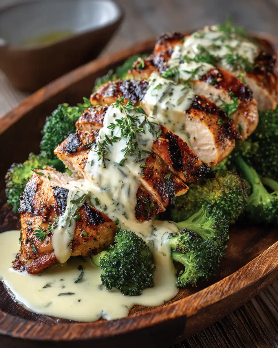 Grilled Chicken and Broccoli with Creamy Garlic Sauce